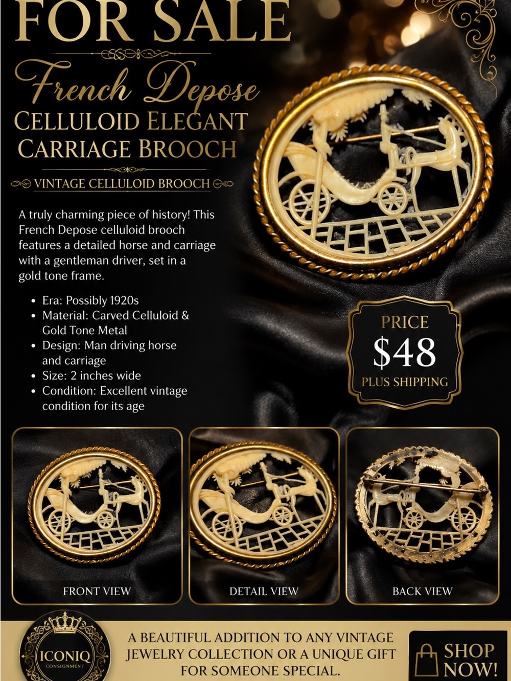 French Depose Celluloid Carriage Brooch - Cream & Gold Tone